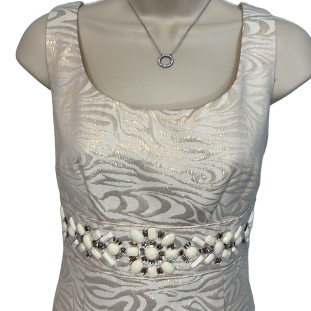 Antonio Melani Cream Metallic Jacquard Jewel Waist Sleeveless Sheath Dress - Picture 2 of 6
